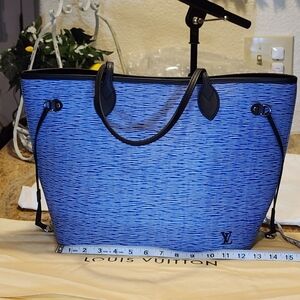 Louis Vuitton Neverfull MM Epi Denim Tote Bag Blue + Pouch